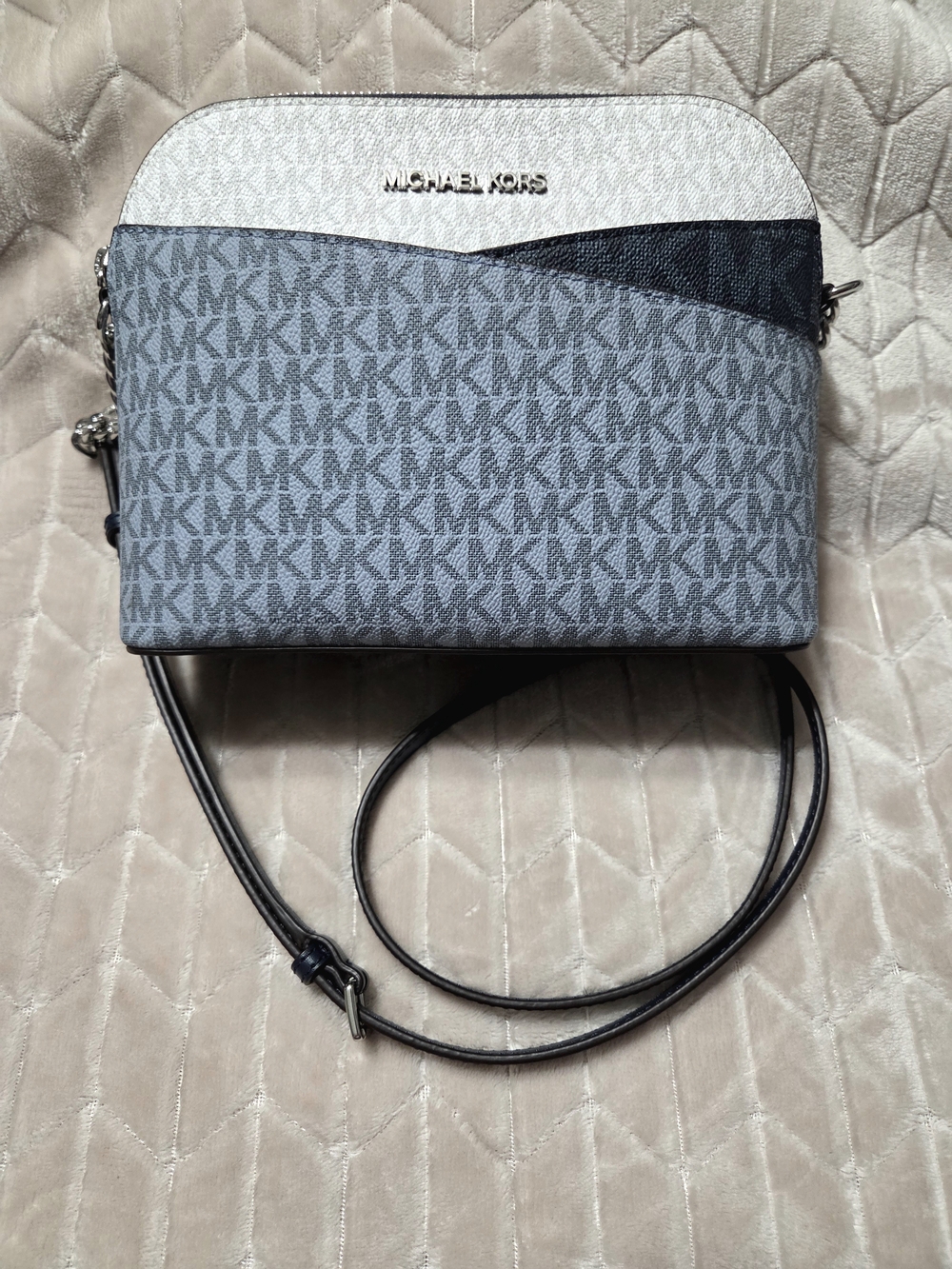 Michael Kors Grey, White, Light Blue And Navy Blue Signature Dome Crossbody